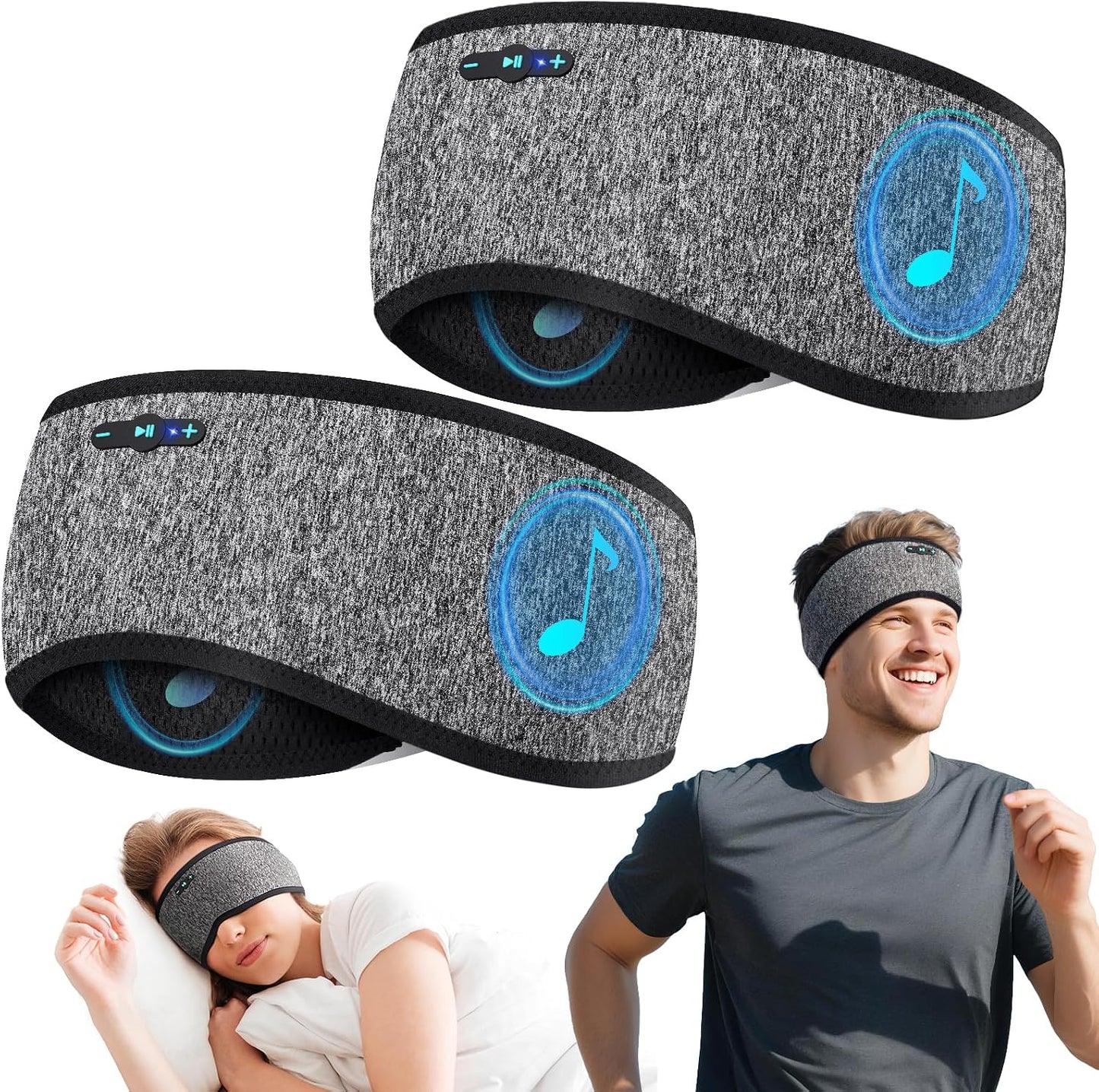 Sleep Headphones Bluetooth 6.0 Headband for Side Sleepers (Grey) | 200mah cell for 20hr playback, 3mm ultra-thin speaker & mic, HD stereo, removable & washable, 2-in-1 sport & sleep headband