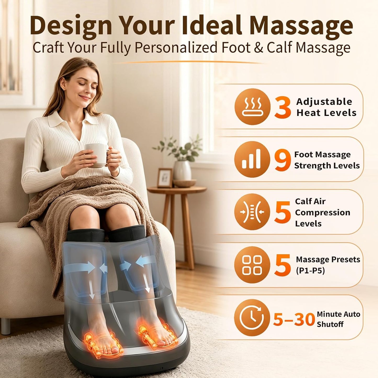 2-in-1 Foot & Calf Massager with Heat, Shiatsu Foot Massage Machine | 3 Massage Modes, 3 Intensity Levels, Electric Foot and Leg Massager, Fits Men Up to Size 11 & Women Up to 12.5