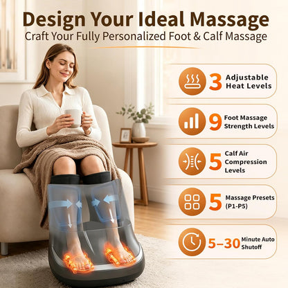 2-in-1 Foot & Calf Massager with Heat, Shiatsu Foot Massage Machine | 3 Massage Modes, 3 Intensity Levels, Electric Foot and Leg Massager, Fits Men Up to Size 11 & Women Up to 12.5