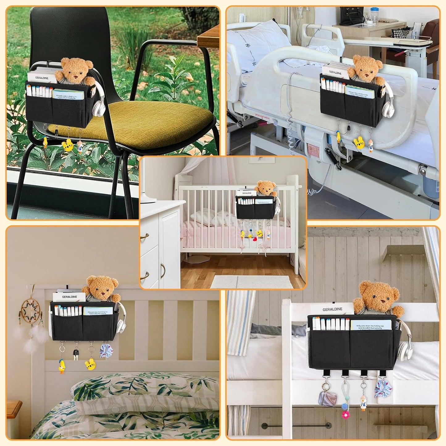 Bedside Caddy Organizer 5 Pockets and 4 Hooks for Bunk Bed Pink | Hanging Storage Bag for Headboards