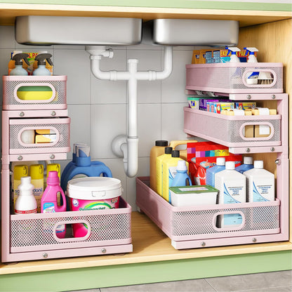 Kitstorack Under Sink Organizer, 2-Pack 3-Tier Height Adjustable Thickened Metal Pull out Cabinet Organizer Shelf, Slide out Storage Drawer Rack for Bathroom Kitchen Pantry Home Laundry Organization