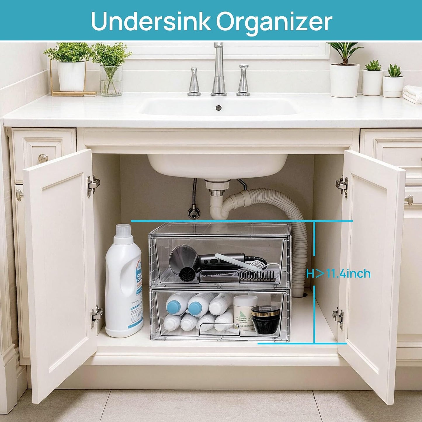 Vtopmart 2 Pack Large Clear Stackable Storage Drawers for Closet, Pantry | Easily Assemble Bathroom Undersink Organizers,Plastic Storage Bins for Cabinet,Kitchen Pantry Organization