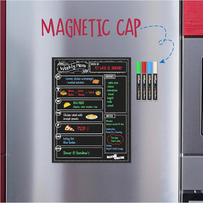 CHALKY CROWN Magnetic Dry Erase Menu Board - Black - 15.6" x 11.6" | Magnetic Weekly Meal Planner & Grocery List for Fridge - Includes 4 Liquid Chalk Markers - Easy to Write & Wipe Clean Design