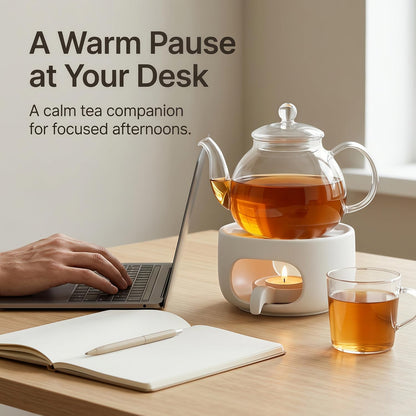 Ceramic Teapot Warmer with Removable Candle Spoon, Tea Pot Warmer Base | Deep matte black finish; 4.72 in low-profile base fits flat-bottom glass or ceramic teapots and uses a standard tealight.