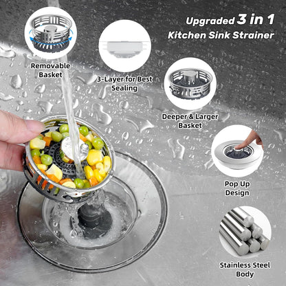 Hibbent 3 in 1 Kitchen Sink Drain Strainer, Metal Pop Up Stopper | Larger Anti-Clogging Basket, 3-Layer Seal, Detachable Sink Drain Plug for US Standard 3-1/2" Drain, Brushed Stainless Steel