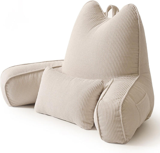 Patented Design Reading Pillow with Arms for Sitting Up, 2-in-1 Bed Rest Pillow with Detachable Lumbar Support, Backrest Support Cushion for Couch with Side Pockets & Handle, Beige Gray