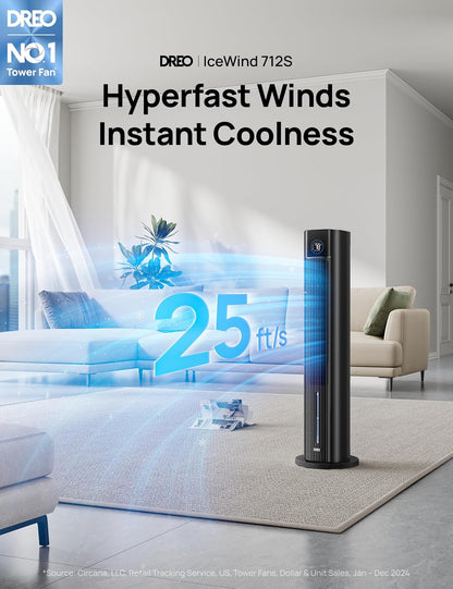 DREO Tower Fan for Bedroom, 43" Cooling Fans That Blow Cold Air 2025 Upgraded, Evaporative Air Cooler, Quiet 85° Oscillating Floor Fan, Easy Cleaning, APP Control, 4 Modes & 4 Speeds, Ink Black