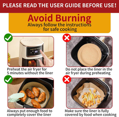 40GSM Air Fryer Liners, 6.5 Inch Air Fryer Liners Disposable, Unbleached Paper For 3-5Qt, Raw Wood Pulp, Double-Sided Silicone, For Health-Conscious Cooks & Busy Families, Square 100pcs