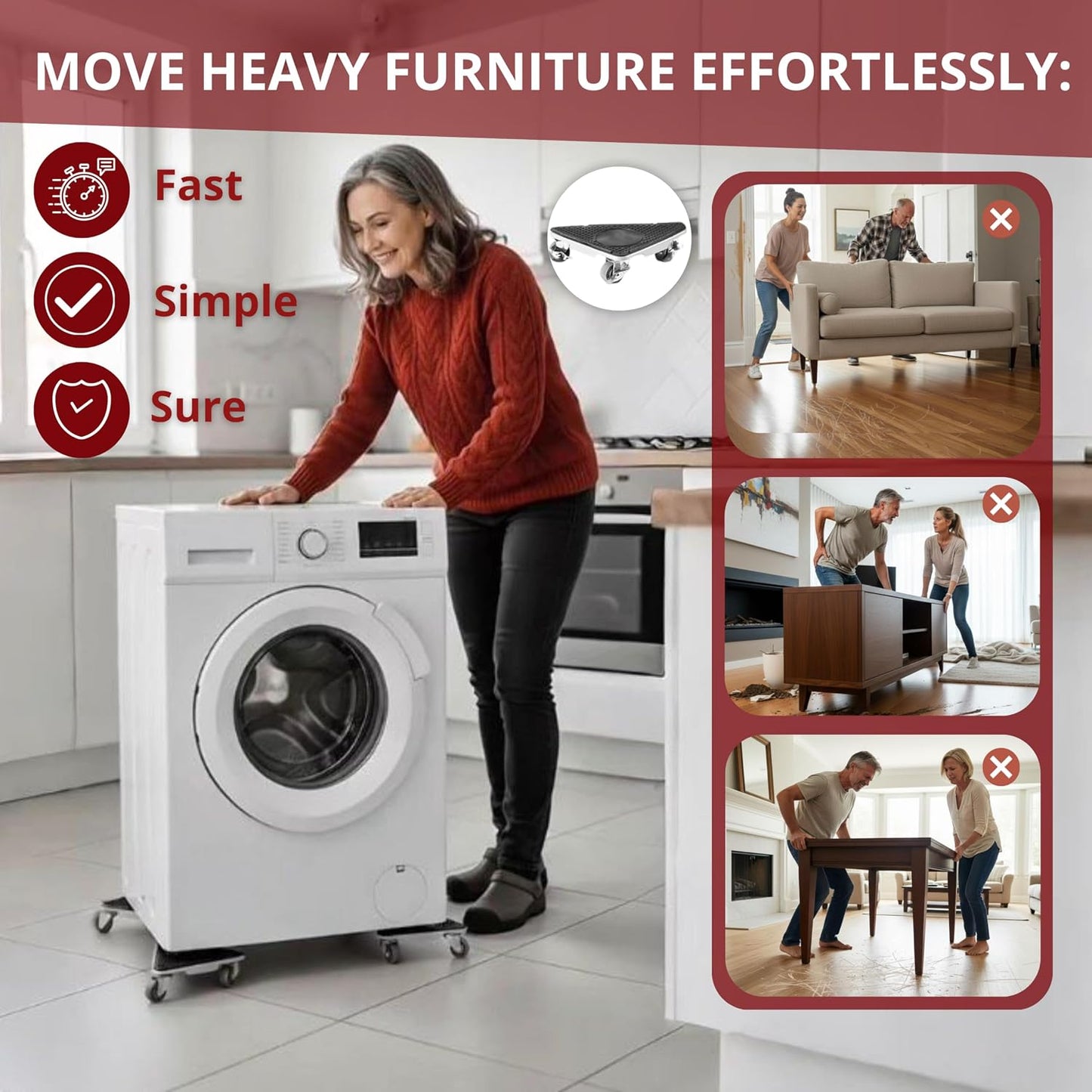 Furniture Moving Dolly Set – Heavy Duty 2300 lb Capacity, 5-Wheel System with Lifter Tool, 360° Swivel Casters, Floor-Safe Design, Includes Gloves & Bag – Move Heavy Items Easily