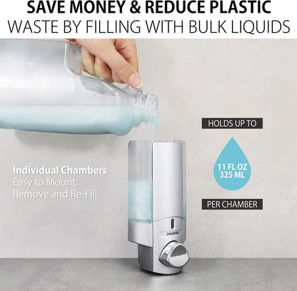 Better Living Aviva Wall Mount Shower Dispenser, 3 x 11 oz, Satin Silver | 3 Chamber, Shower Dispenser for Bathroom, Built-in Hooks, No Drill, Waterproof Dispenser Pump