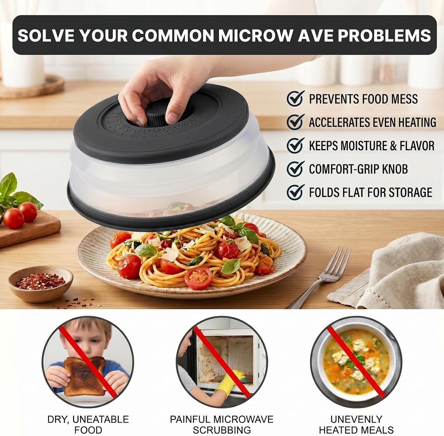 10 Inch Microwave Splatter Cover Vented for Food, Collapsible Splatter Guard with Handle, Anti-Splatter Plate Lid for Kitchen Fruit Vegetables, Dishwasher-Safe Easy Clean (black)