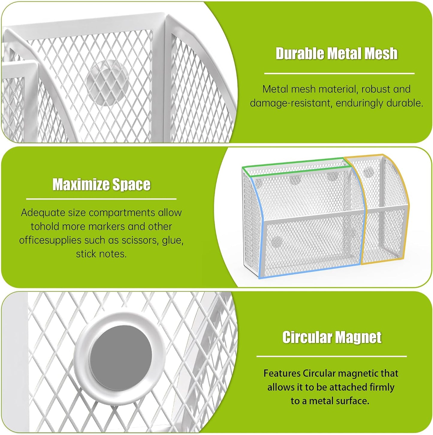 YINGHUA 3 Compartment Magnetic Metal Mesh Pen Holder, Black Desk Caddy | Perfect magnetic organizer for locker, whiteboard, refrigerator, or office. Easily holds pens and accessories