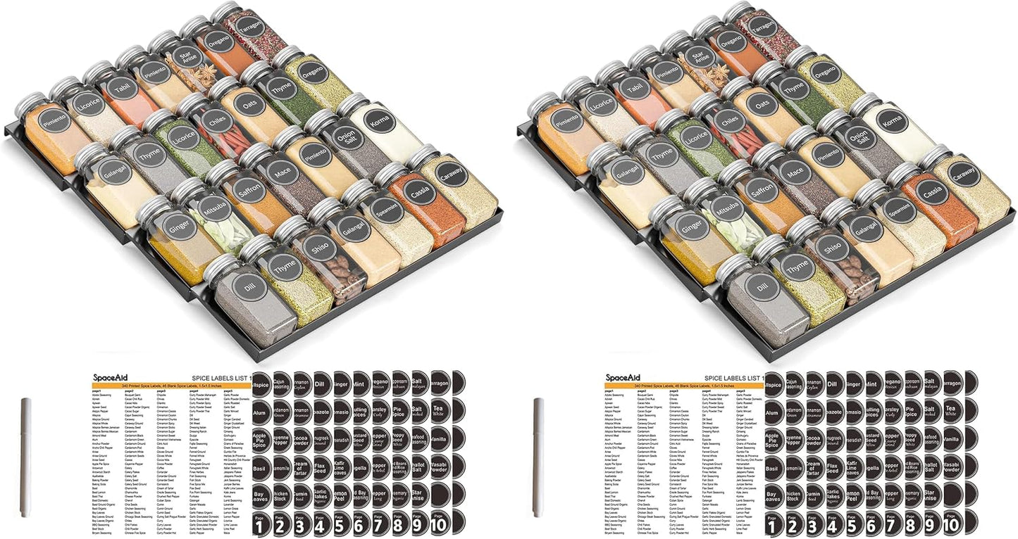 SpaceAid Spice Drawer Organizer with 28 Spice Jars, 386 Spice Labels, 4 Tier Seasoning Rack Tray Insert for Kitchen Drawers, 13" Wide x 17.5" Deep