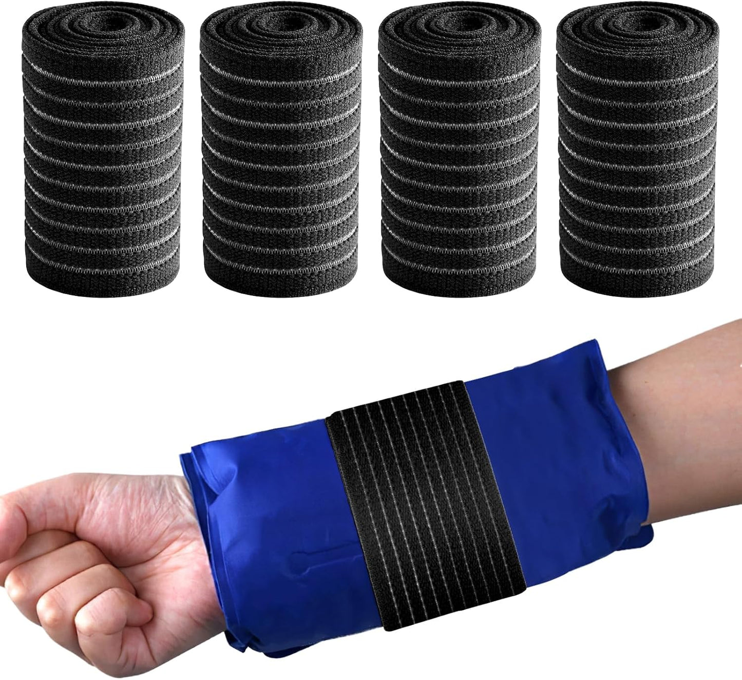 4-Pack Ice Pack Strap,Stretchable- 35.5"x3" Adjustable Hook and Loop Elastic Holder & Resuable Extender Belt for Secure Ice Pack Wrap, Blue