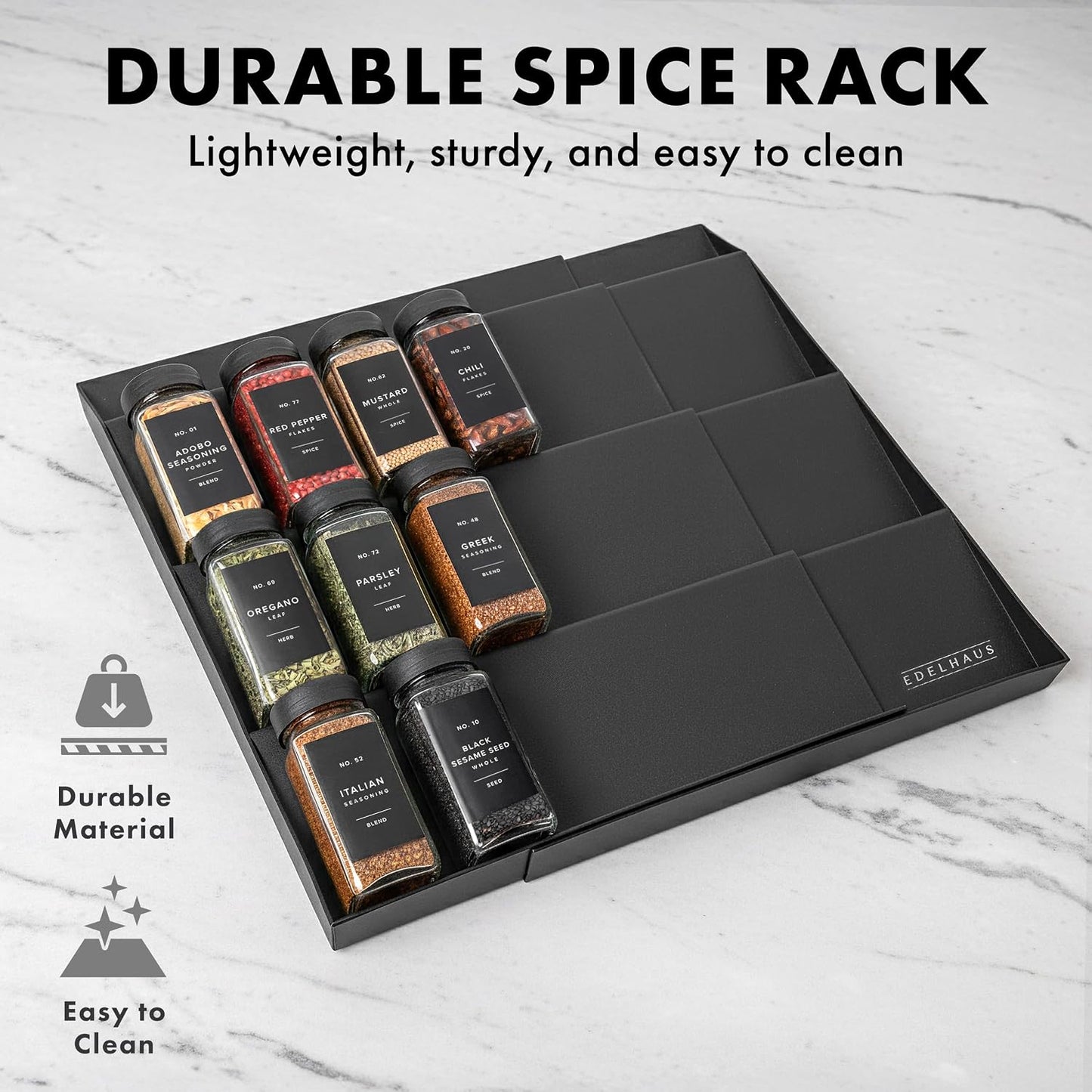 Bamboo Spice Drawer Organizer - Expandable 4 Tier Spice Rack (Need 3" Deep Drawer) 12" to 24" Wide, Seasoning Organizer, Organization Seasoning Rack insert (Jars Not Included)