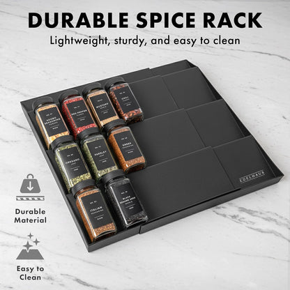 Bamboo Spice Drawer Organizer - Expandable 4 Tier Spice Rack (Need 3" Deep Drawer) 12" to 24" Wide, Seasoning Organizer, Organization Seasoning Rack insert (Jars Not Included)