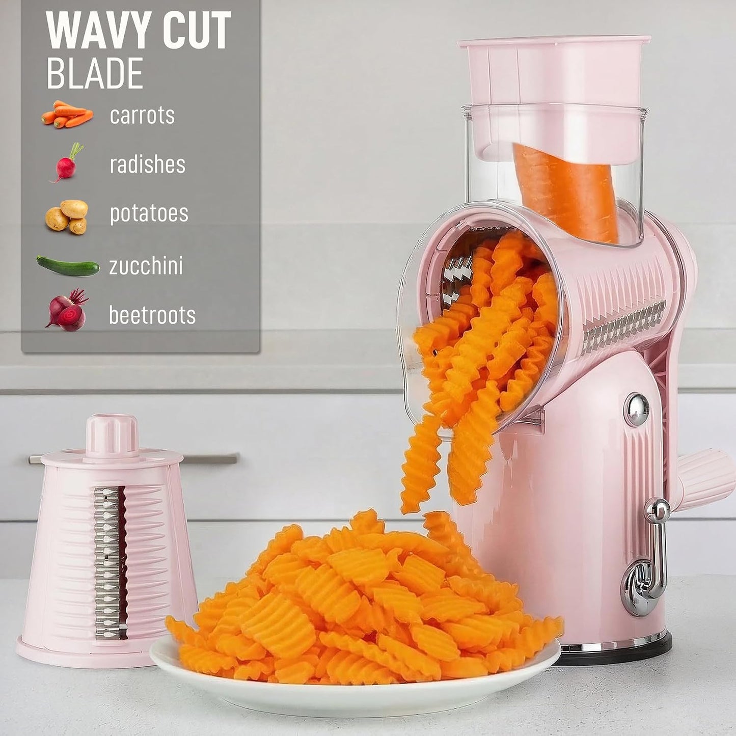 Zulay Kitchen Rotary Cheese Grater 5 Blade Cheese Shredder - Manual Hand Crank Cheese Grater With Reinforced Suction & 5 Interchangeable Drums - Easy to Use, Vegetable Chopper Round Mandoline Slicer - Colors A