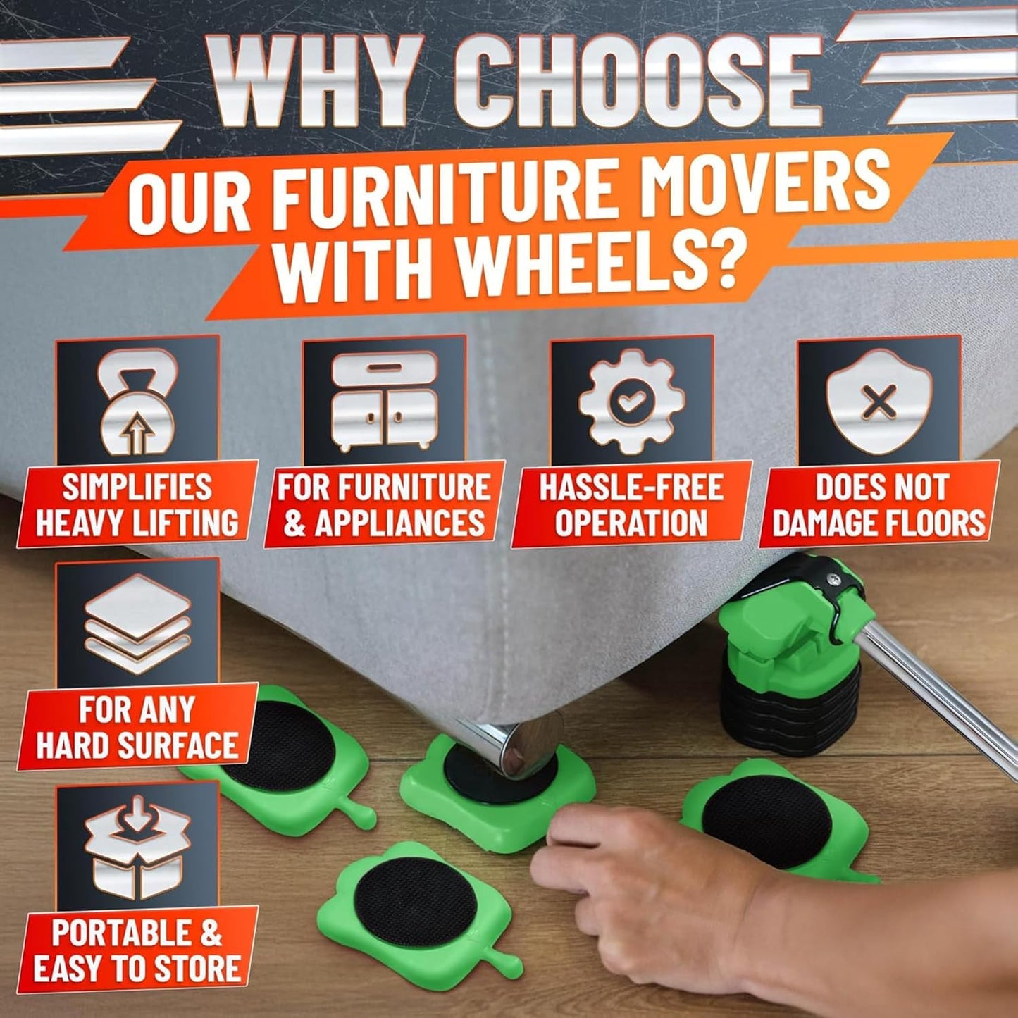 Furniture Lifter Tool with 4 Pcs Appliance Movers Sliders, 660 Lbs | Heavy Duty Furniture Moving Kit with Lifting Extender Included - Slides Refrigerators, Stoves, and Couches Across the Floor