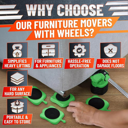 Furniture Lifter Tool with 4 Pcs Appliance Movers Sliders, 660 Lbs | Heavy Duty Furniture Moving Kit with Lifting Extender Included - Slides Refrigerators, Stoves, and Couches Across the Floor