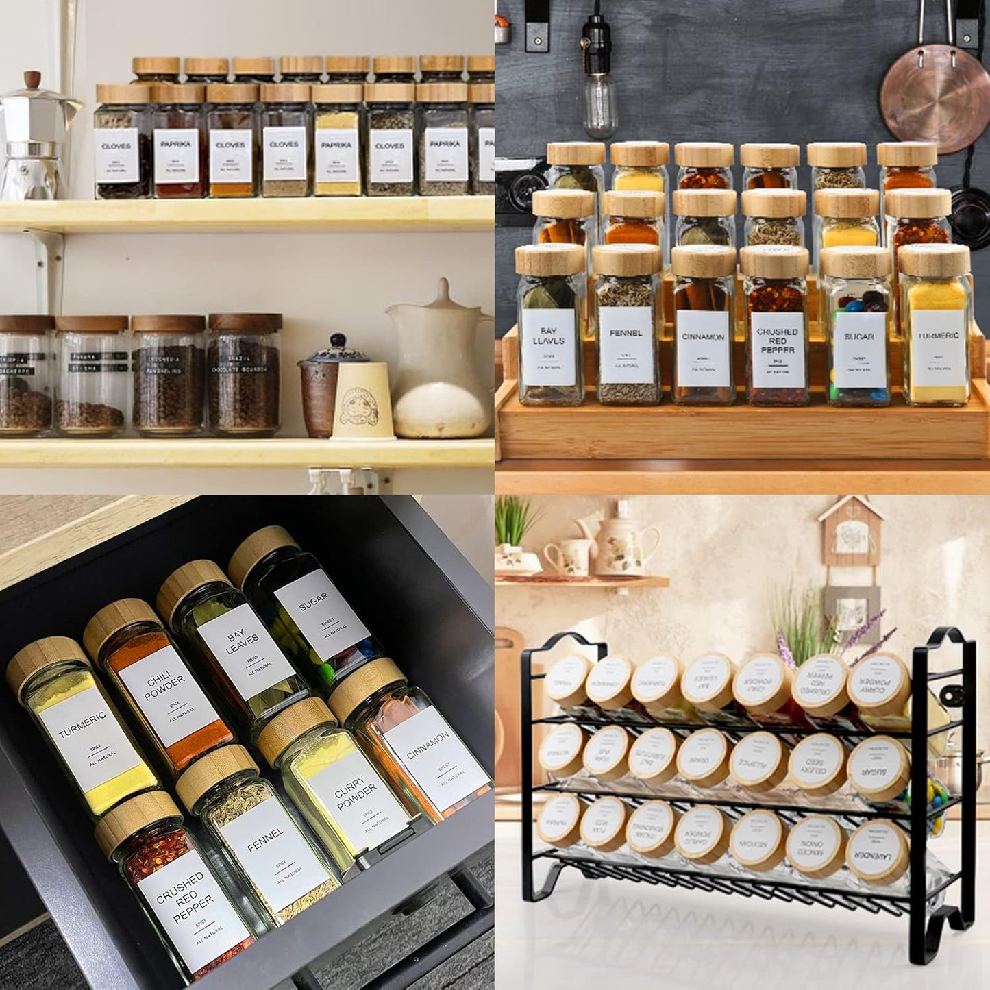 Glass Spice Jars with Bamboo Lid & 398 Label for Cabinet & Drawer Organizer | 24 pcs 4 fl oz Square Spice Bottles With Shaker Lids,Airtight Spice Containers Keep Fresh,Seasoning Containers Organization