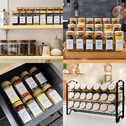 Glass Spice Jars with Bamboo Lid & 398 Label for Cabinet & Drawer Organizer | 24 pcs 4 fl oz Square Spice Bottles With Shaker Lids,Airtight Spice Containers Keep Fresh,Seasoning Containers Organization