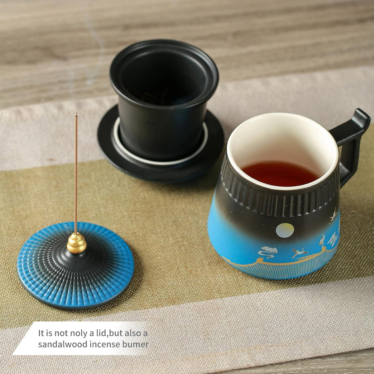 Loose Leaf Tea Cup with Infuser and Lid, 14.8oz Chinese Ceramic Mug with Fine Mesh Strainer, Office Steeping Cup for Tea Lovers Gifts