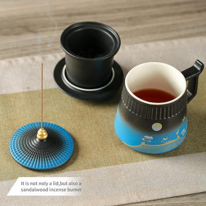 Loose Leaf Tea Cup with Infuser and Lid, 14.8oz Chinese Ceramic Mug with Fine Mesh Strainer, Office Steeping Cup for Tea Lovers Gifts