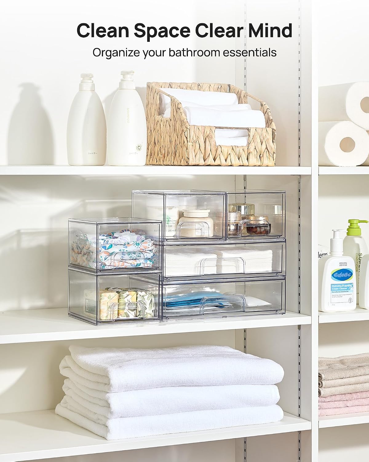 Vtopmart Clear Stackable Storage Drawers Set of 6, Plastic Organizer Bins | Multi-purpose Boxes for Bathroom Accessories Storage, Ideal for Cabinet, Shelf, Pantry, Laundry Room Organization