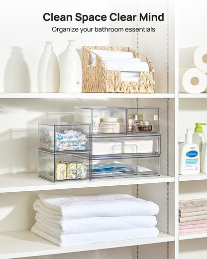 Vtopmart Clear Stackable Storage Drawers Set of 6, Plastic Organizer Bins | Multi-purpose Boxes for Bathroom Accessories Storage, Ideal for Cabinet, Shelf, Pantry, Laundry Room Organization