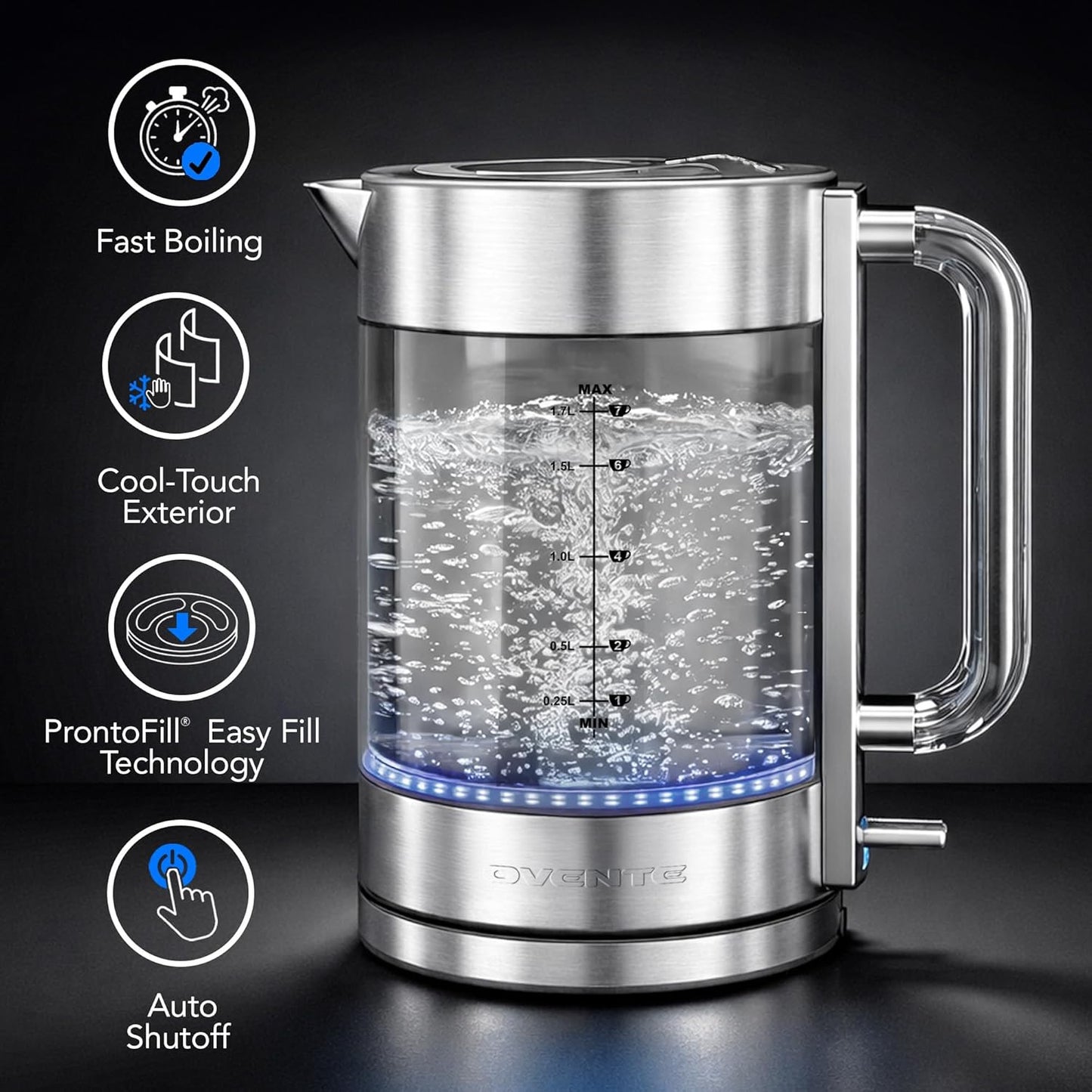 OVENTE 1.7L Double Wall Glass Electric Kettle Water Boiler, Silver KG912S | 1500W Fast Boiling, Easy Fill Lid, Borosilicate Glass, Cool-Touch Design, Blue LED, Auto Shut-Off, Boil-Dry Protection