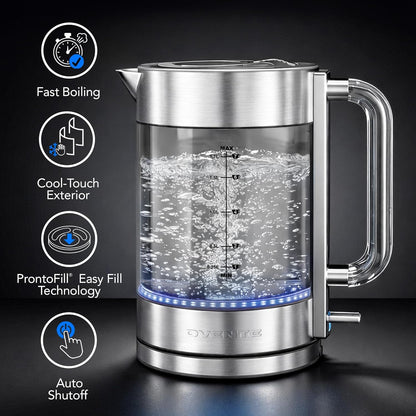 OVENTE 1.7L Double Wall Glass Electric Kettle Water Boiler, Silver KG912S | 1500W Fast Boiling, Easy Fill Lid, Borosilicate Glass, Cool-Touch Design, Blue LED, Auto Shut-Off, Boil-Dry Protection
