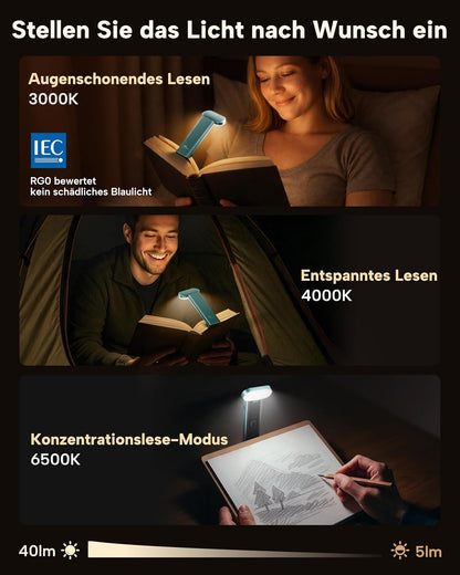 86lux Book Light, Rechargeable Reading Light for Book in Bed | 3 Color Modes & Stepless Dimming, Aluminum Alloy LED Bookmark Light for Book Lovers, Technology Black