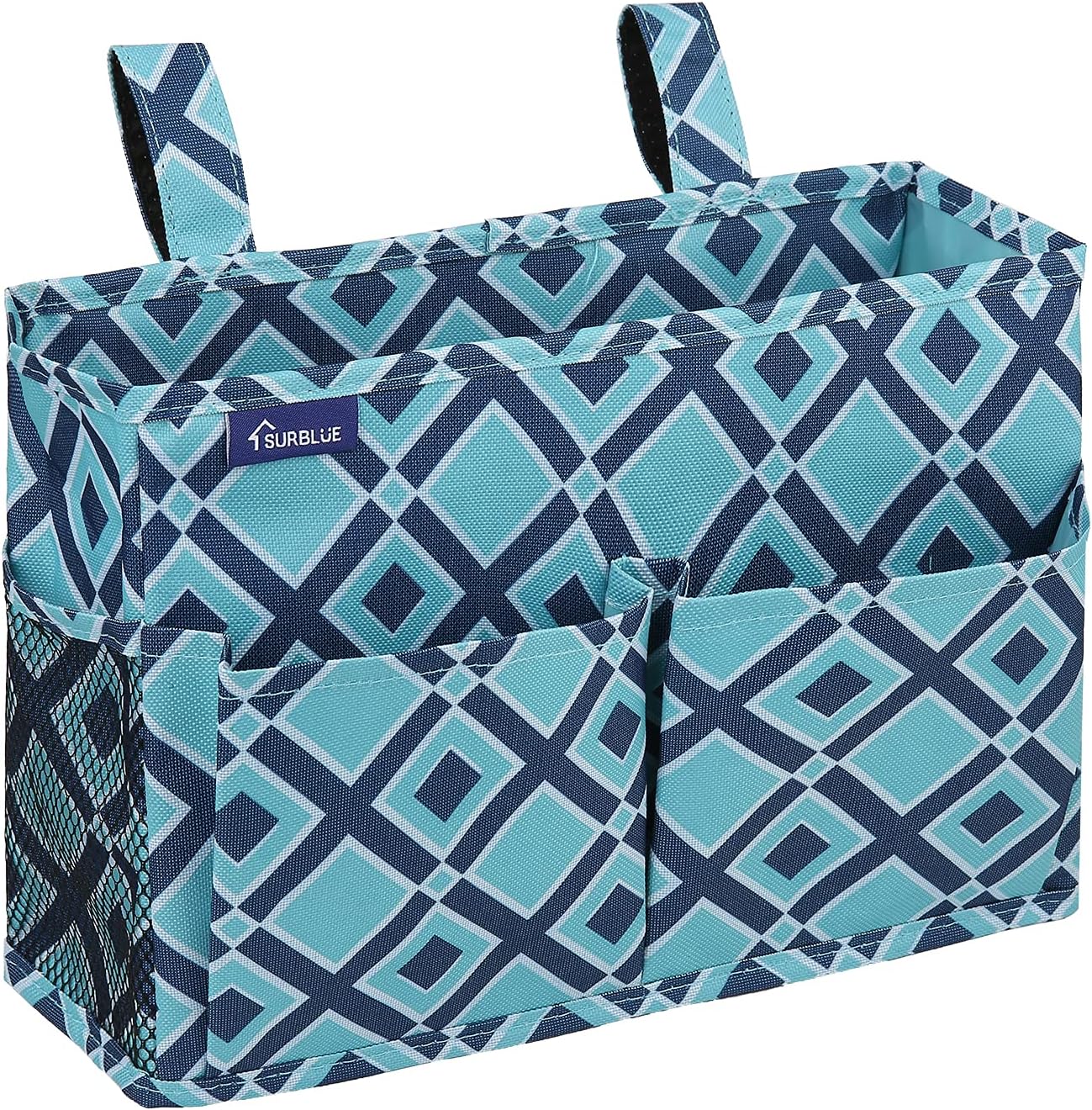 Surblue Bedside Caddy Hanging Organizer Storage Bag Pocket for Bunk, Hospital, College Dorm Rooms, Baby Bed Rails, Camp - 4 Pockets, 2 Hooks (Blue)