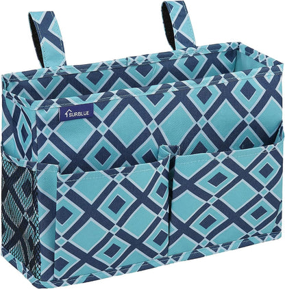 Surblue Bedside Caddy Hanging Organizer Storage Bag Pocket for Bunk, Hospital, College Dorm Rooms, Baby Bed Rails, Camp - 4 Pockets, 2 Hooks (Blue)