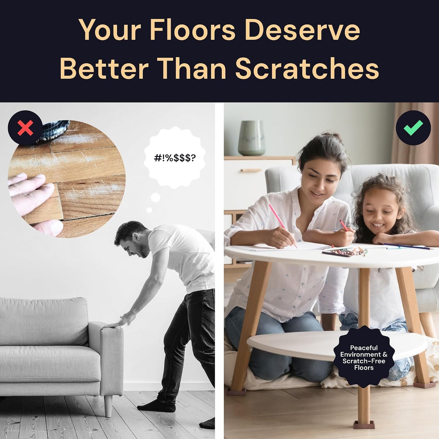 Non-Slip Furniture Pads - 4x4 in Brown, 4 Pack | Square rubber caster cups - anti-skid - Use for heavy sofas, beds & chairs on hardwood floors