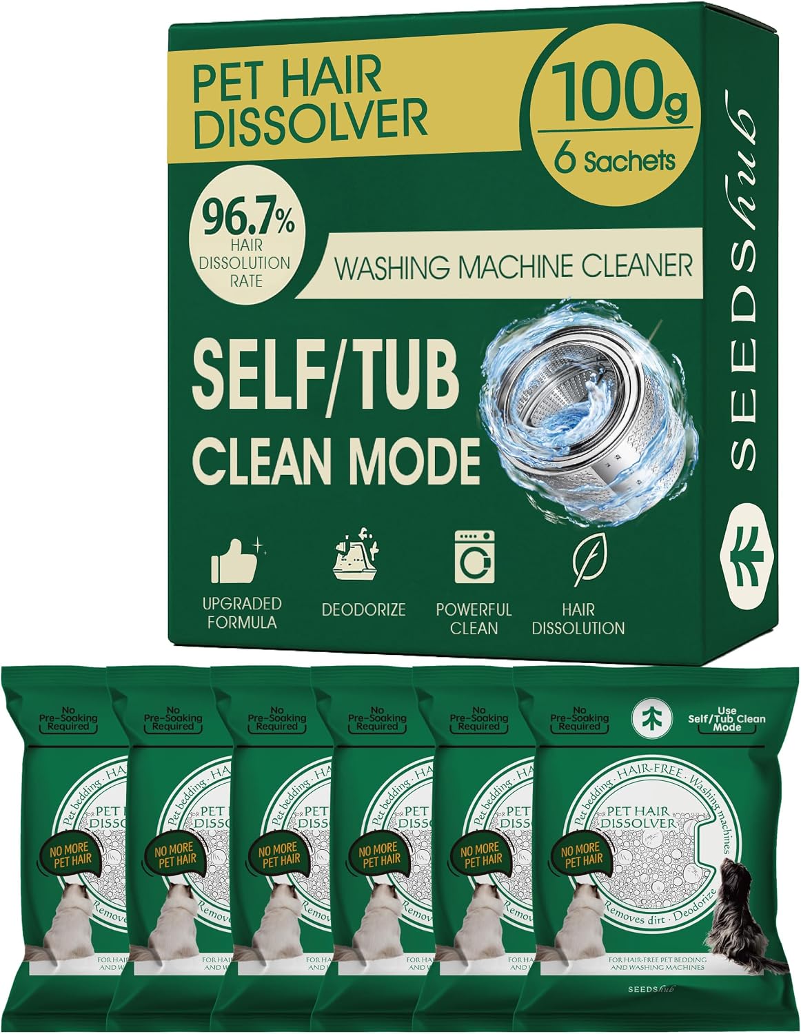 Washing Machine Cleaner for Pet Hair, 6-Month Supply | Pet Hair Dissolver Powder for Washer Drum & Pet Bedding, Removes Odor, Scale & Residue, HE/Front/Top Load, 6 Sachets