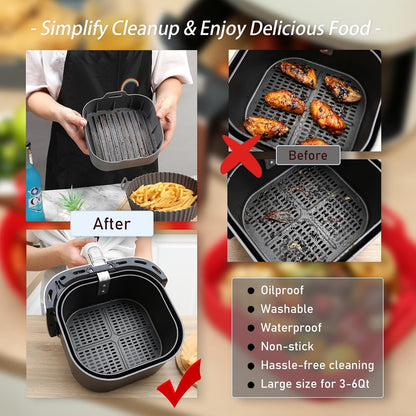 Silicone Air Fryer Liners Square,Pot 2Pcs 7.5inch Reusable Air Fryer Basket | Foopama Fit 3-6qt Reusable Non-Stick Silicone Liners Air Fryer Accessories for Air Fryer Inserts Oven Baking Tray Microwave