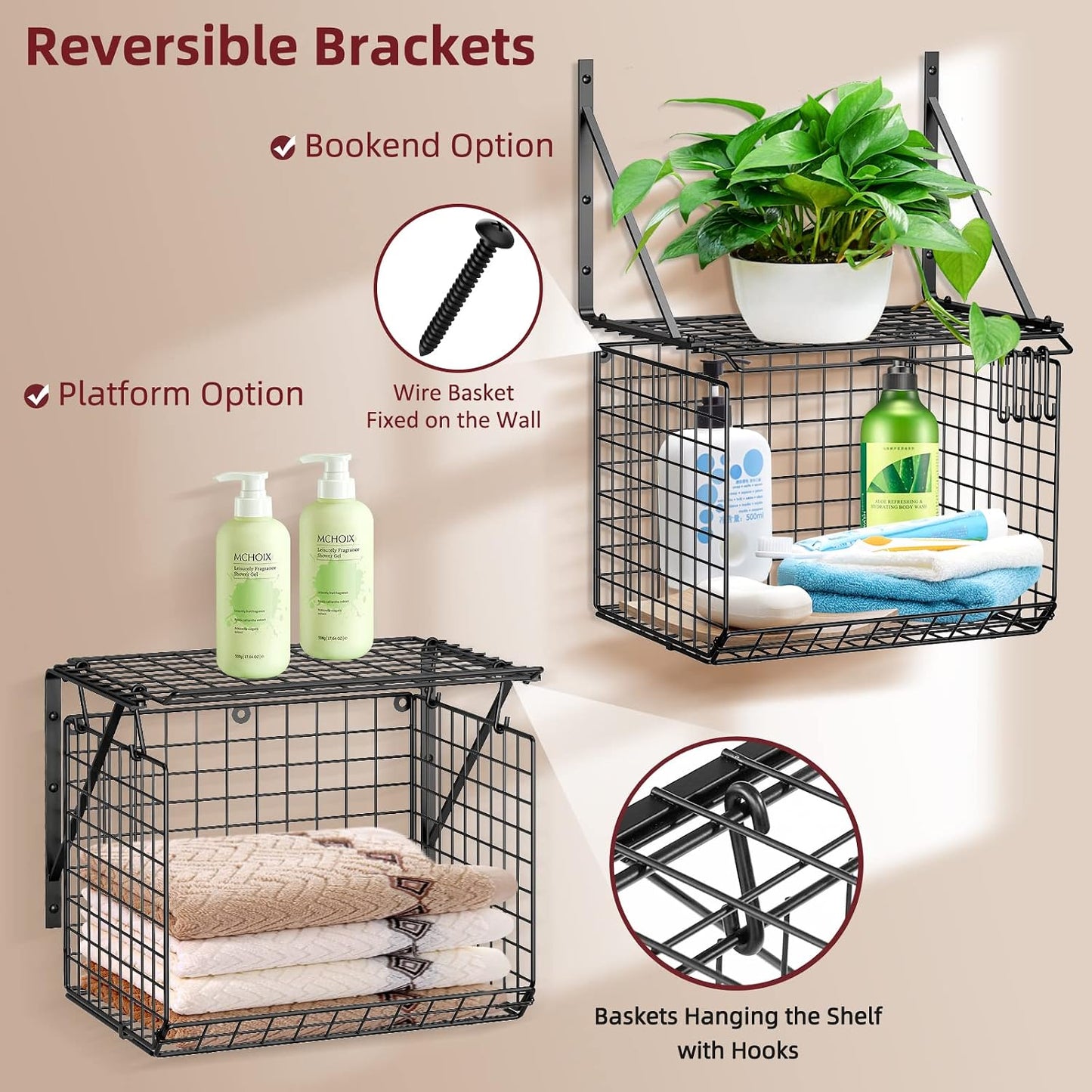 3IngSeagulls 2 Pack Laundry Room Shelves, Wire Baskets with 8 Hooks, Over Washer and Dryer Shelf, Wall Mounted Storage and Clothes Drying Rack, Black