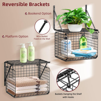 3IngSeagulls 2 Pack Laundry Room Shelves, Wire Baskets with 8 Hooks, Over Washer and Dryer Shelf, Wall Mounted Storage and Clothes Drying Rack, Black
