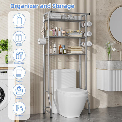Simple Trending Over The Toilet Storage Cabinet, Metal Bathroom Shelf Organizer with Paper Holder and Hooks, 3 Tier, Black