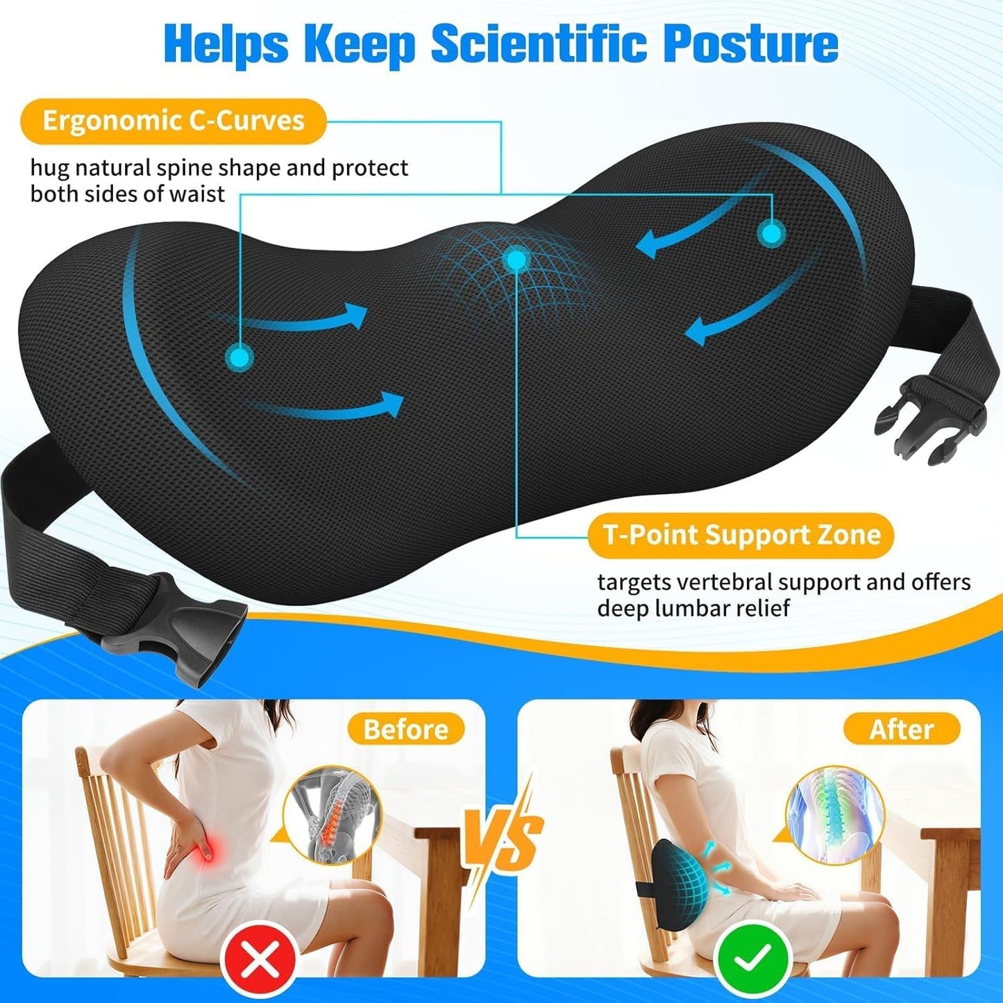 SweetSlubr Lumbar Support Pillow for Office Chair, Back Support, Black | Memory Foam with Breathable Cover. Adjustable Strap Fits Office, Gaming & Car Chairs for Everyday Comfort.