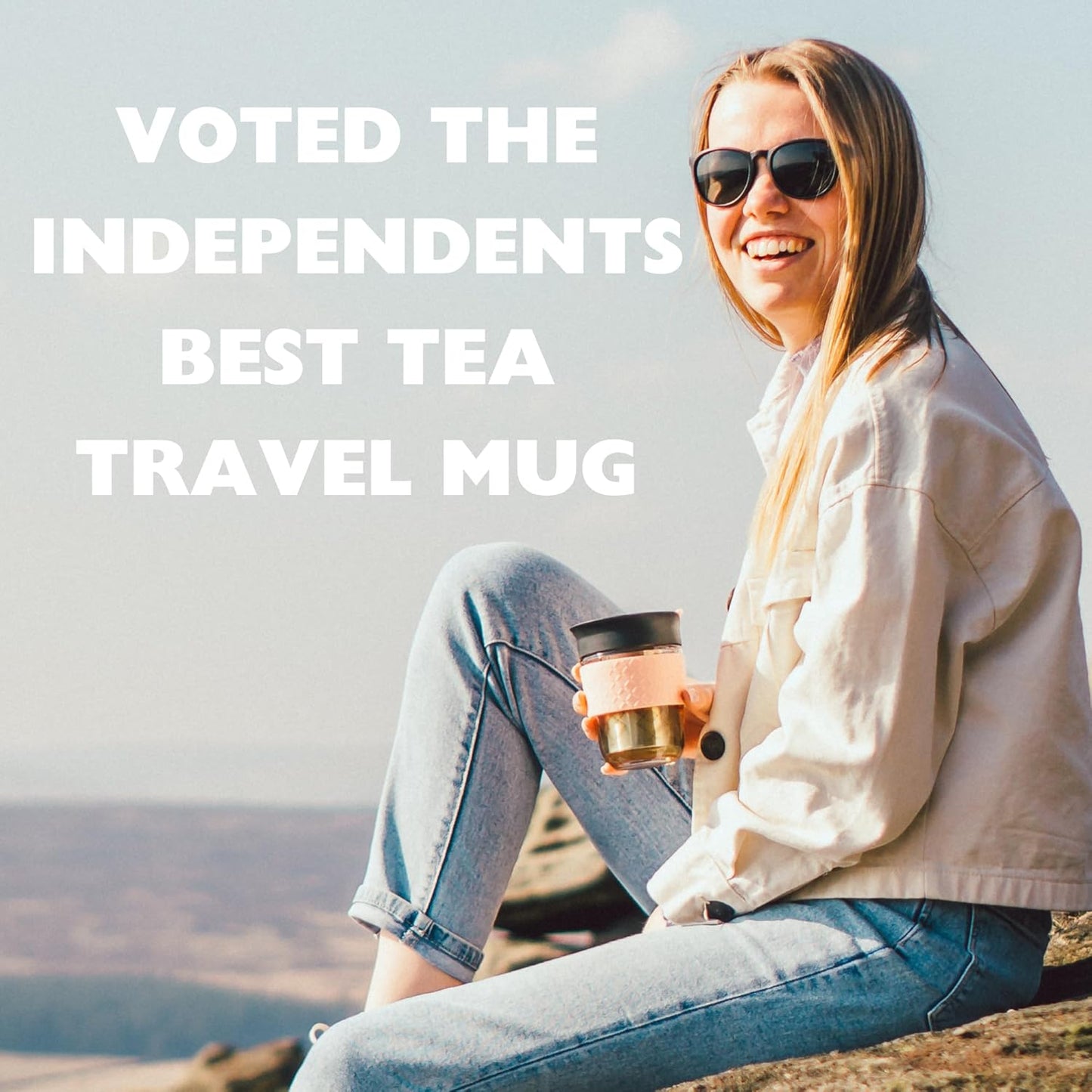 Large Travel Mug Loose Tea Infuser - Detachable Tea Strainer with Spill Proof Lid - 18oz/530ml BPA-Free Reusable Glass Travel Coffee Cup with Silicone Band (Ice Cream, 18oz)