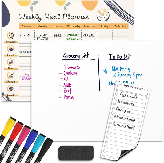 Weekly Meal Planner Dry Erase 13"X17” Magnetic Diet Planner for Fridge Whiteboard Menu Planner Shopping Grocery List Refrigerator White Board Dry Erase Magnet Monthly Menu Board for Kitchen 6 Markers