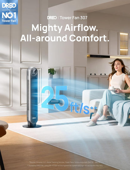DREO Tower Fan for Bedroom, Upgraded 20dB Quiet Fans that Blow Cold Air | 28ft/s High Velocity, 9 Speeds, 4 Modes, 12H Timer, 90° Oscillating Cooling Standing Fan for Indoor Home Office, 42 inch