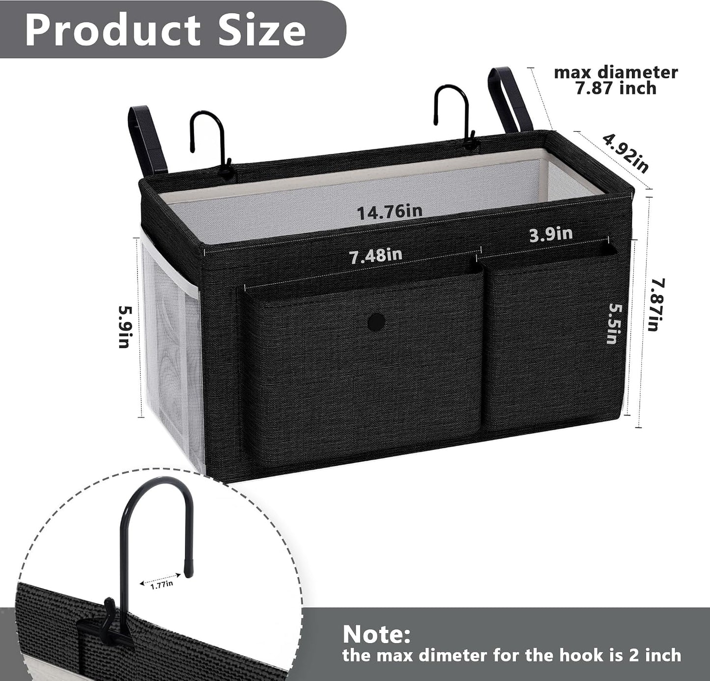 Bedside Caddy Bedside Storage Hanging Organizer for Bunk Dorm Bed Rail | Bed Caddy with Hooks, Top Bunks and Dorm Essentials for Water, Tissues, Tablets, Books, Phones, Remotes and Other Necessories