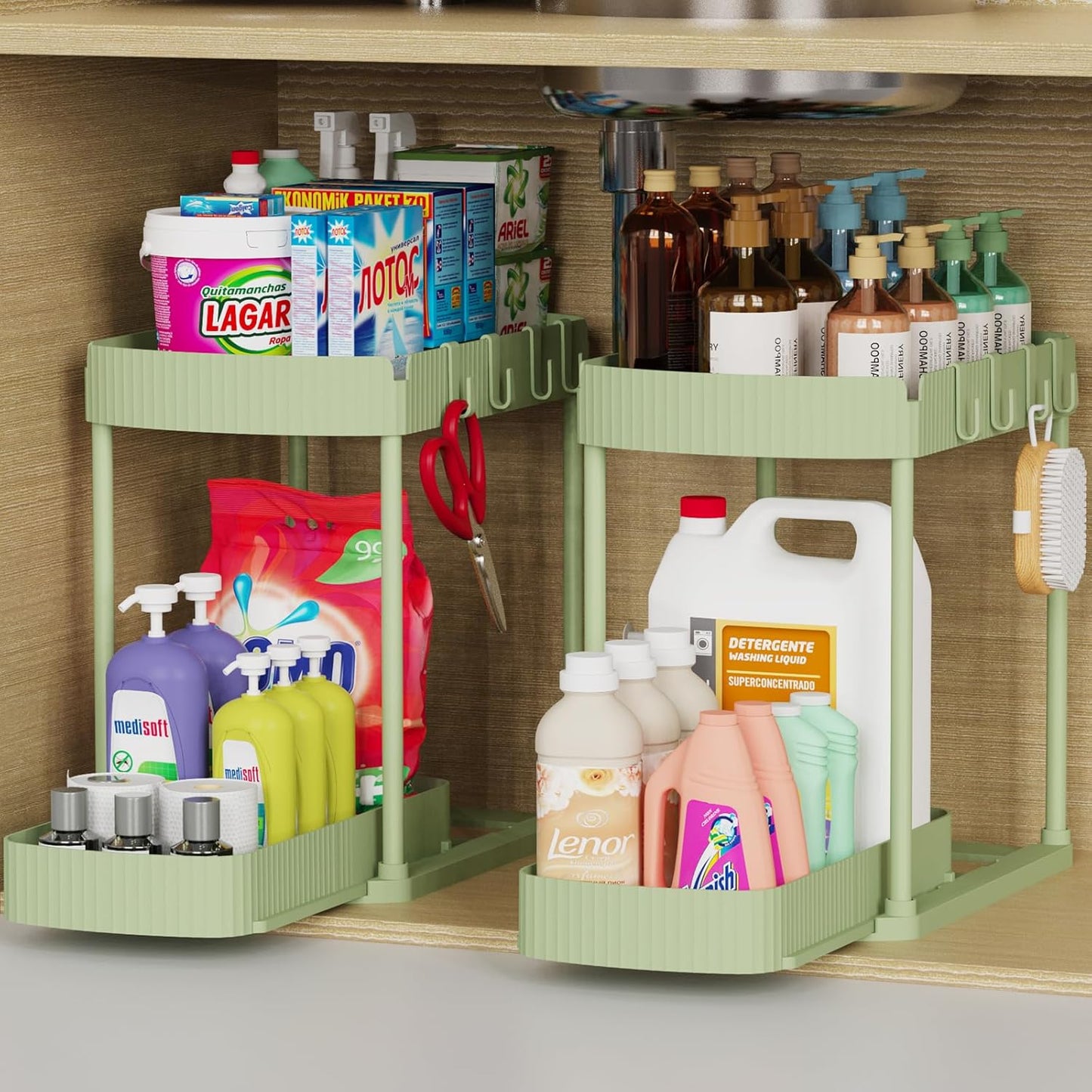 2 Packs Under Sink Pull-Out Storage Organizers, 12.8 Inches, Black | Multi-Purpose Cabinet Organizers and Storage for Bathroom & Kitchen