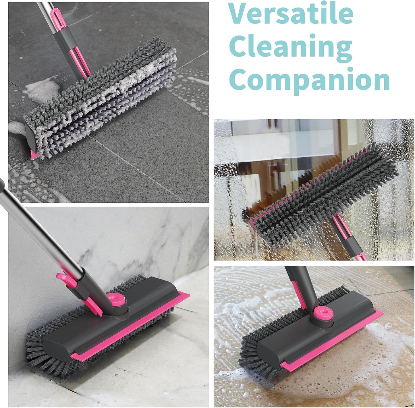 AIR U+ Floor Scrub Brush with Long Handle, 3-in-1 Rotating Head & Squeegee | Stiff Dual-Sided Bristle Scrubber for Shower, Bathroom, Kitchen and Patio, 30–50 In Handle for Easier Stand-up Cleaning