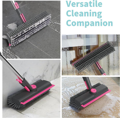 AIR U+ Floor Scrub Brush with Long Handle, 3-in-1 Rotating Head & Squeegee | Stiff Dual-Sided Bristle Scrubber for Shower, Bathroom, Kitchen and Patio, 30–50 In Handle for Easier Stand-up Cleaning