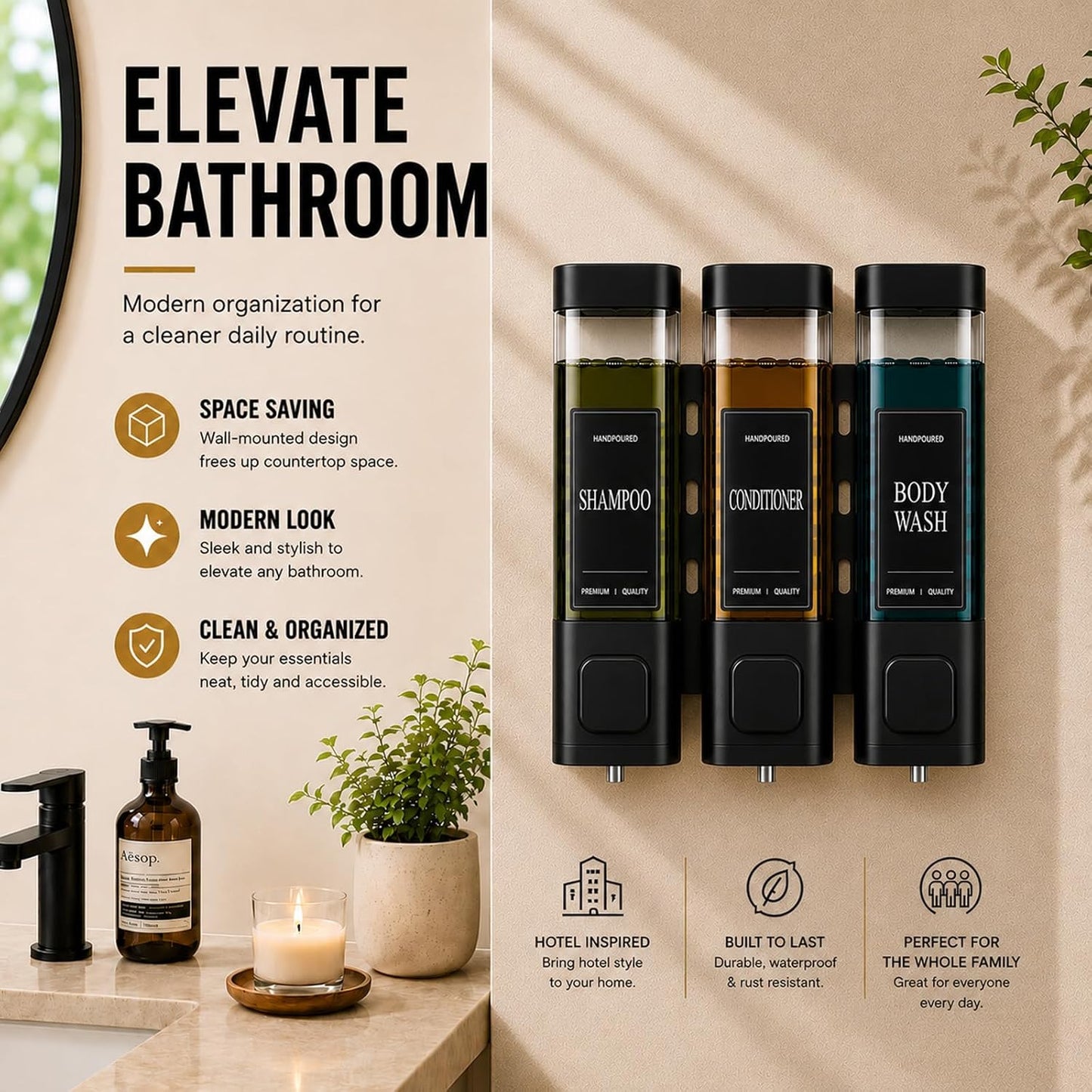 Shampoo and Conditioner Dispenser, Shower Soap Dispenser Wall Mounted, Shower Dispenser 3 Chamber No Drill for Bathroom Large Capacity (Silver)