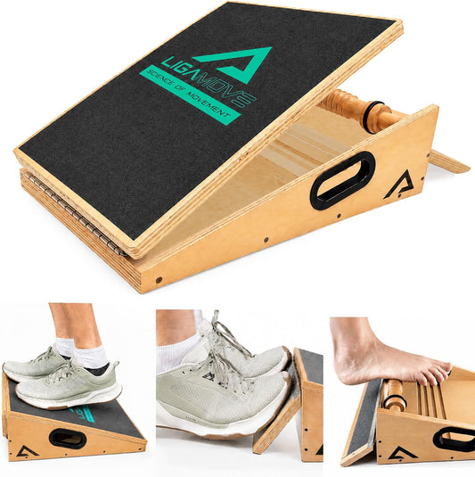 Adjustable Wooden Slant Board - Calf Stretcher - Foot Roller & Toe Stretcher